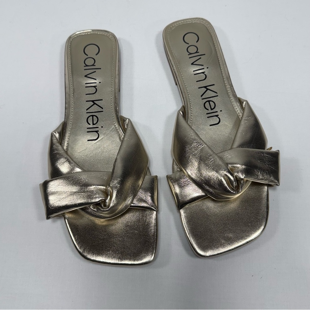 Metallic Gold Calvin Klein KCMARITA Faux Leather Slide‎ Sandals Size 10M
